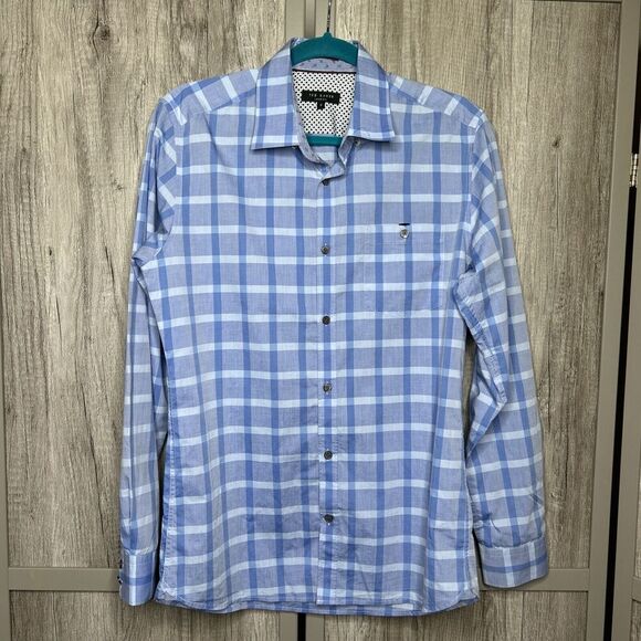 Ted Baker Mens Dress Shirt Blue Check Long Sleeves Size 3 - Picture 1 of 9